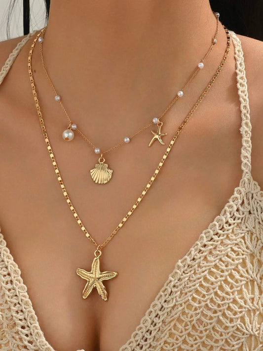 Bohemian Starfish Shell Pendant Necklace For Women.