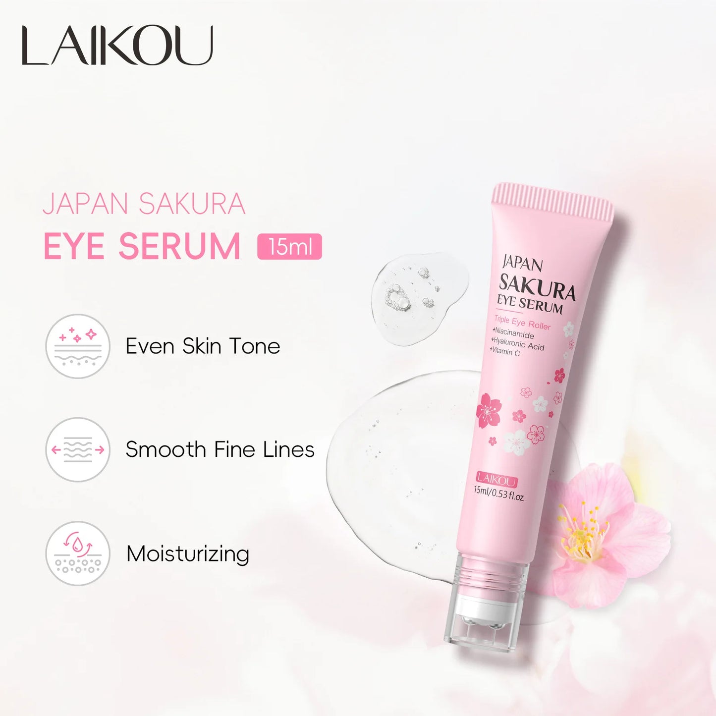 LAIKOU Sakura Anti- Wrinkle Eye Cream With Roller Ball Quick Drying Hydrating Hyaluronic Acid Refreshing Eye Serum 15ml.