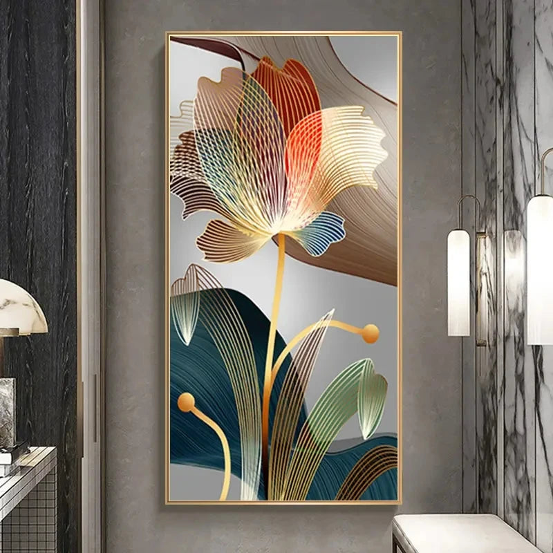 Abstract Flower Pictures Canvas Painting Luxury Golden Lines Modern Posters and Prints Gallery Living Room Home Decor Pictures.