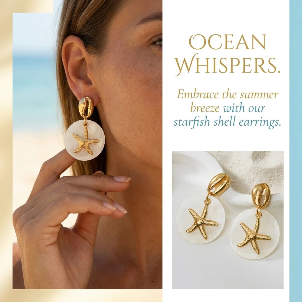 Boho Tropical Gold Color Starfish Earrings for women.