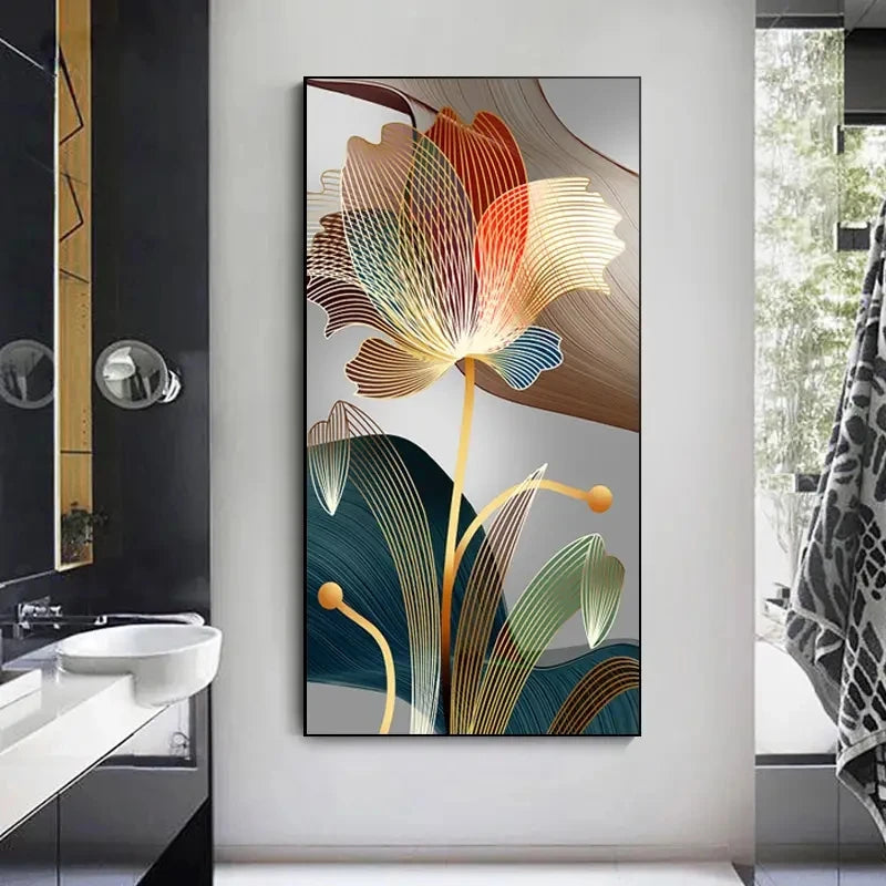 Abstract Flower Pictures Canvas Painting Luxury Golden Lines Modern Posters and Prints Gallery Living Room Home Decor Pictures.