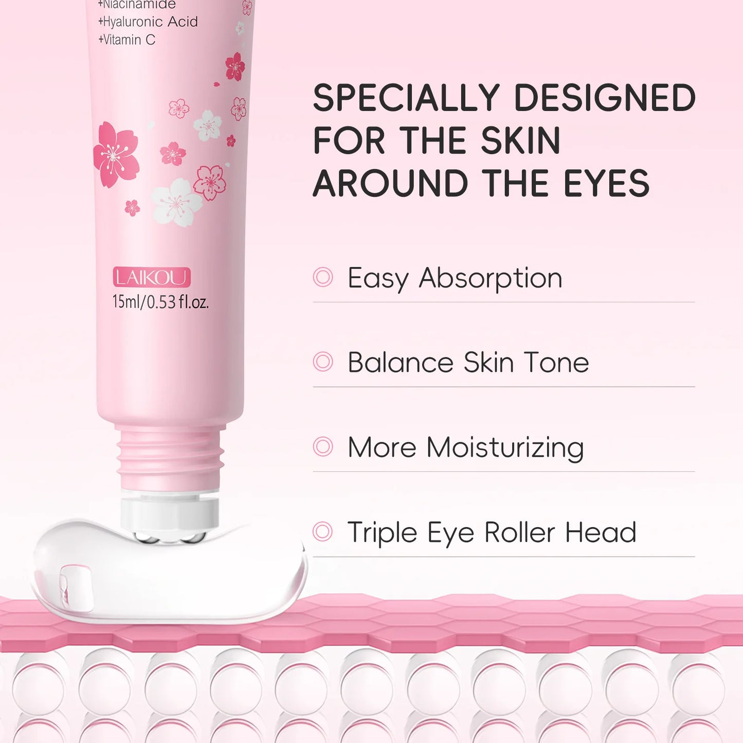 LAIKOU Sakura Anti- Wrinkle Eye Cream With Roller Ball Quick Drying Hydrating Hyaluronic Acid Refreshing Eye Serum 15ml.